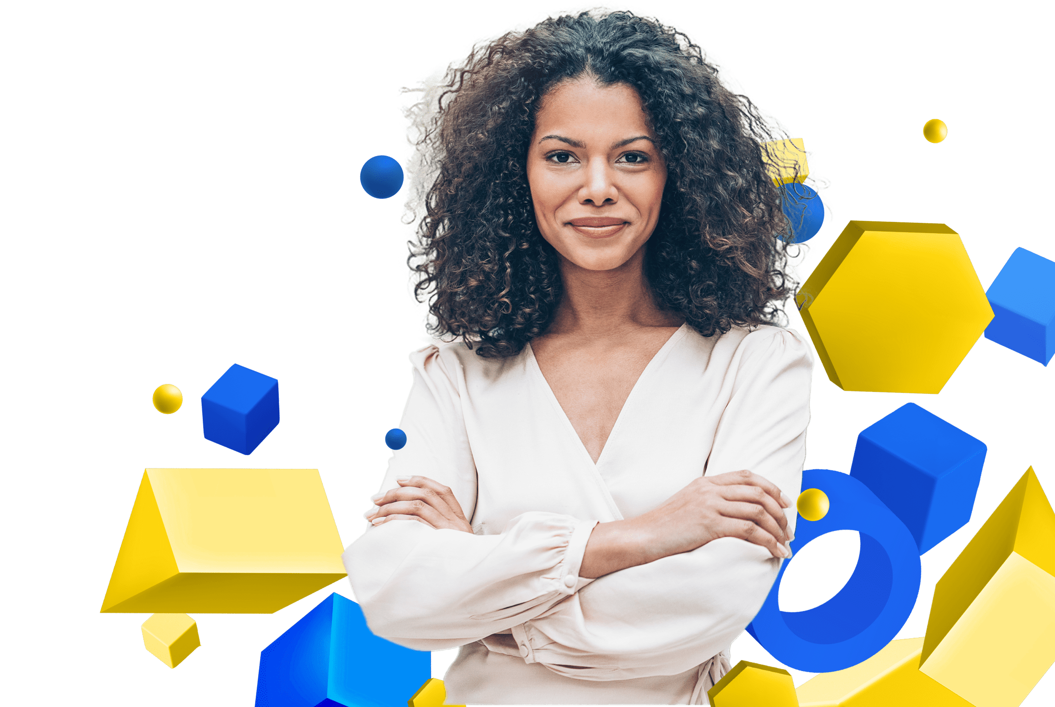 Image of a woman with her arms crossed in front of blue and yellow graphics on Skill Developers' website