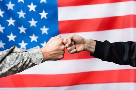 Image of two people fist-bumping in front of an American flag on Skill Developers' website. Threat Modeling