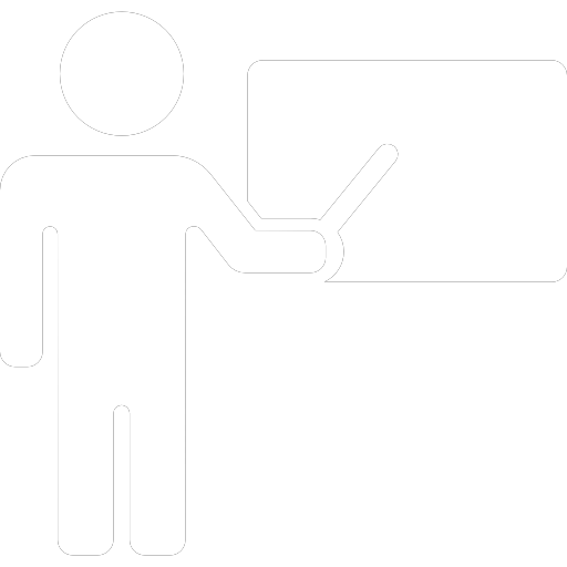 White graphic of a teacher pointing to a board.